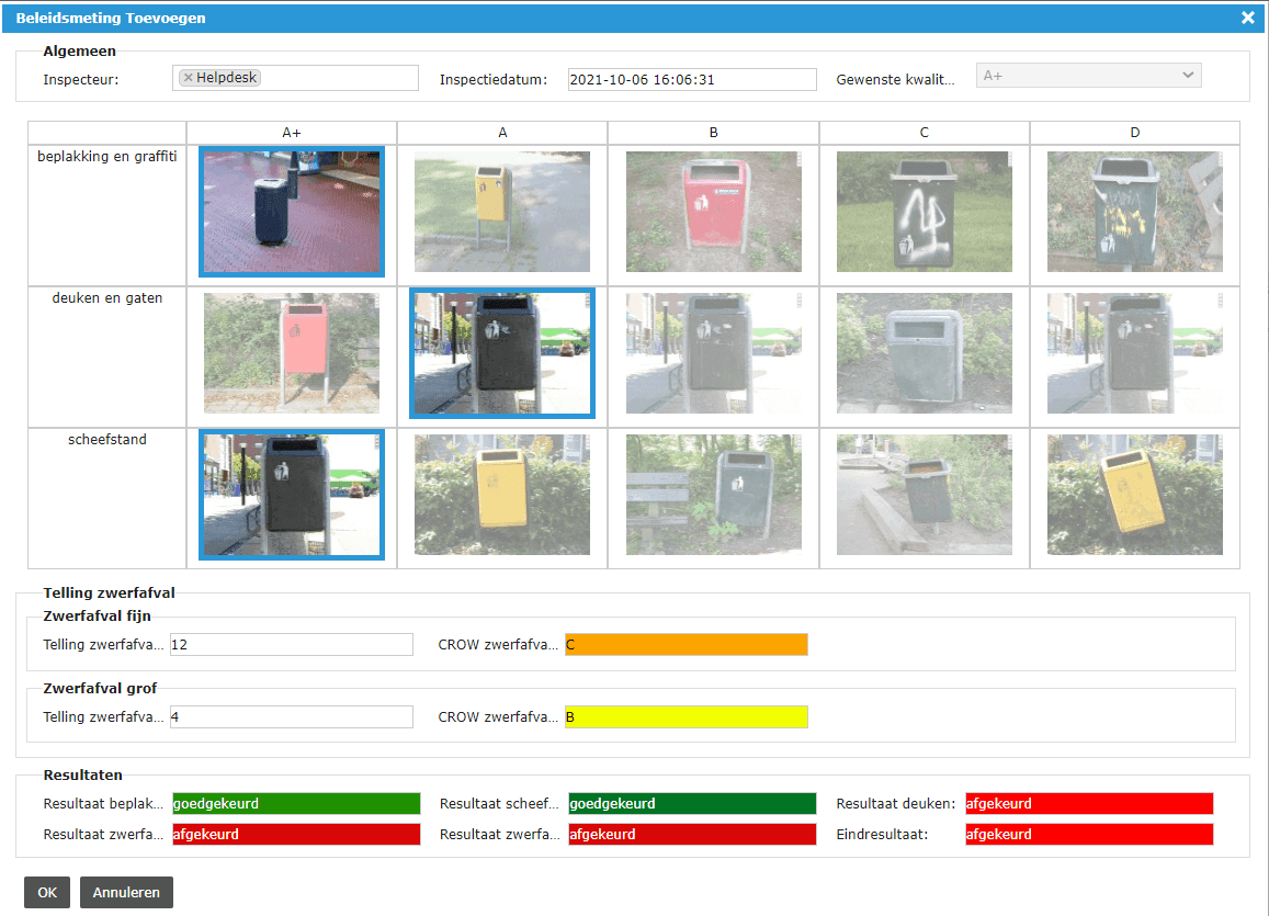 Inspectiedialoog in iASSET met CROW-beeldmeetlatten voor beplakking, deuken en scheefstand, en de resultaten per onderdeel